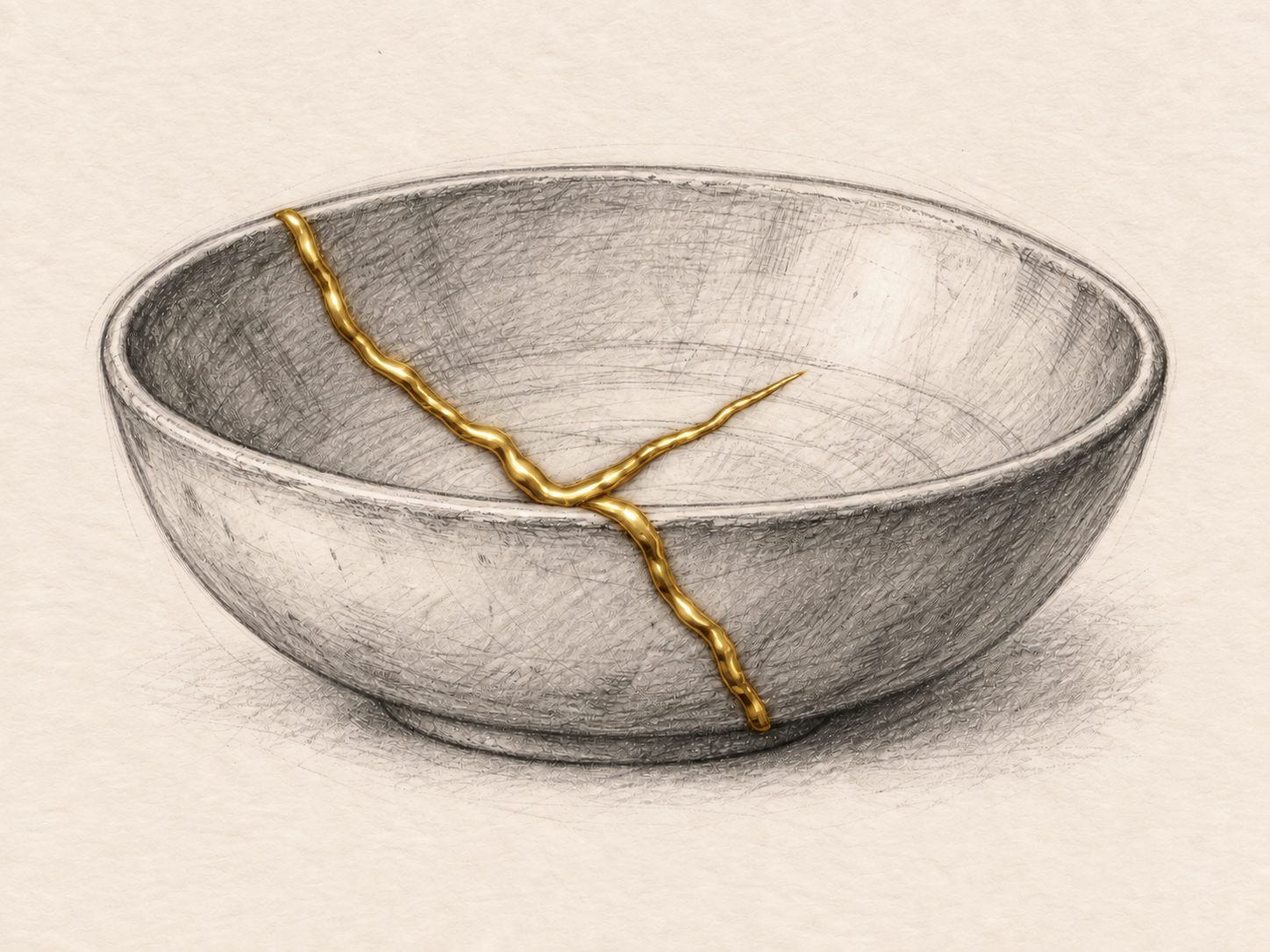 Ciotola di ceramica riparata con la tecnica del kintsugi, frattura dorata