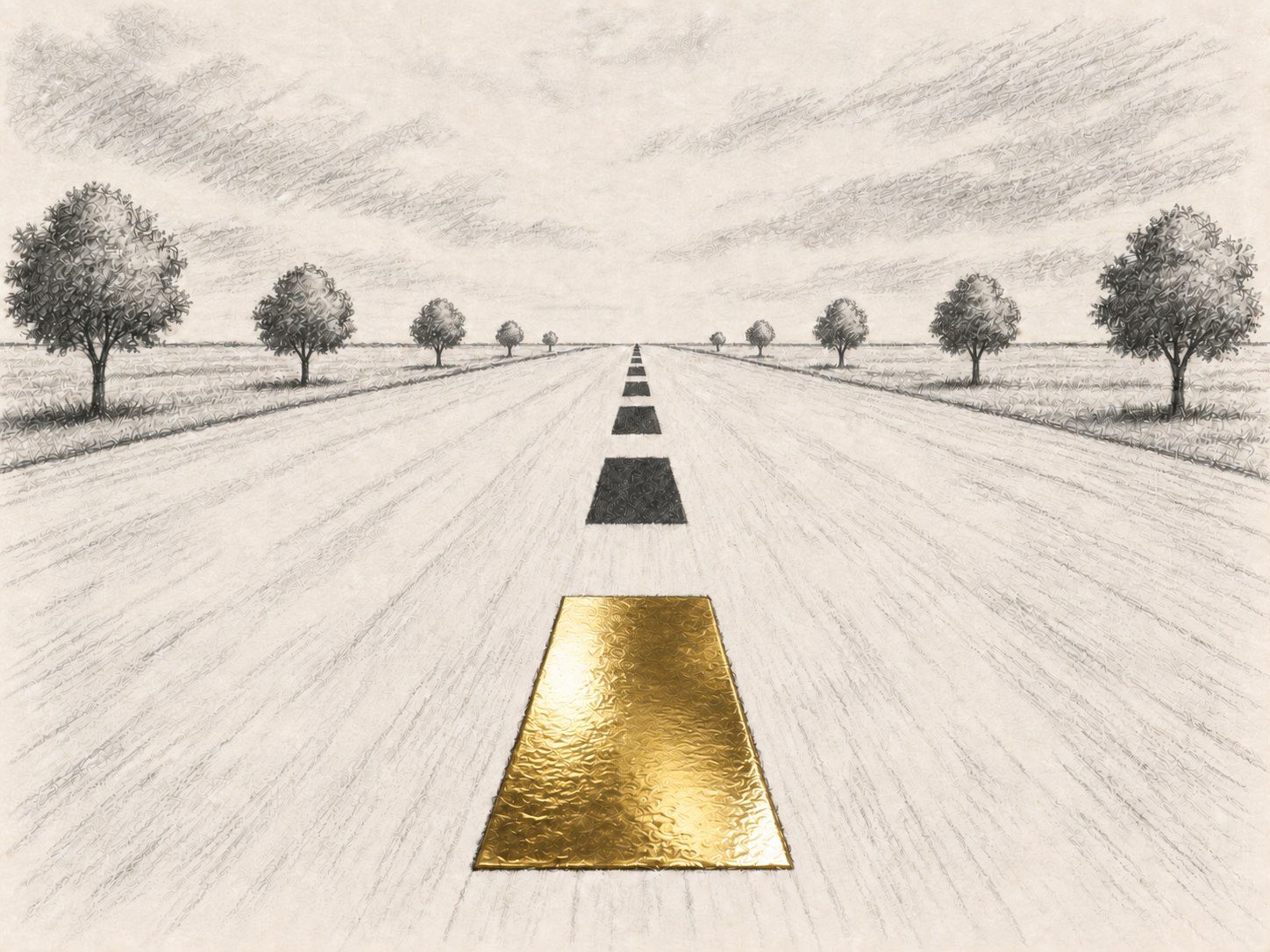Strada disegnata a matita vista in prospettiva, con la striscia più vicina resa in oro fotorealistico